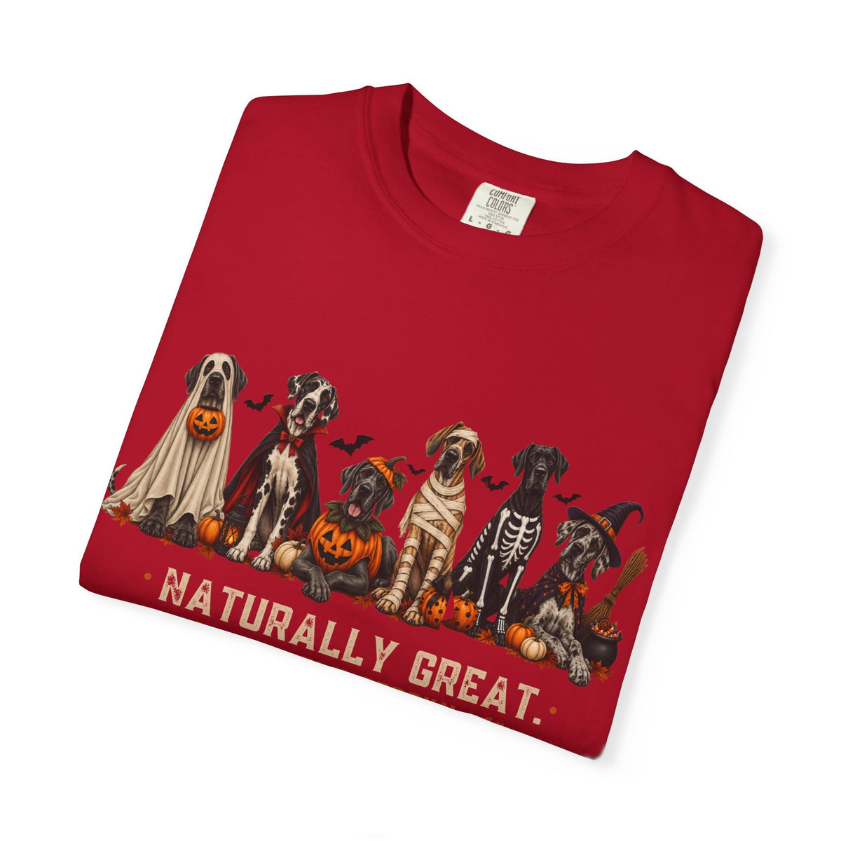 Halloween Great Danes in Costume Funny T-Shirt — "Naturally Great" Pumpkin & Skeleton Dane Graphic Tee