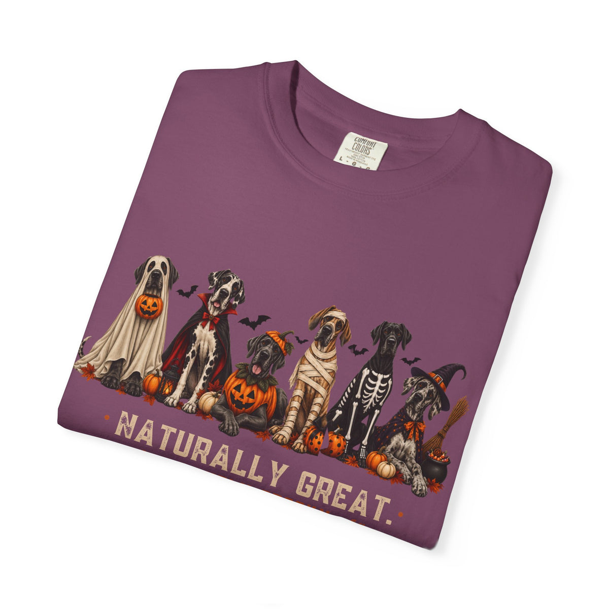 Halloween Great Danes in Costume Funny T-Shirt — "Naturally Great" Pumpkin & Skeleton Dane Graphic Tee