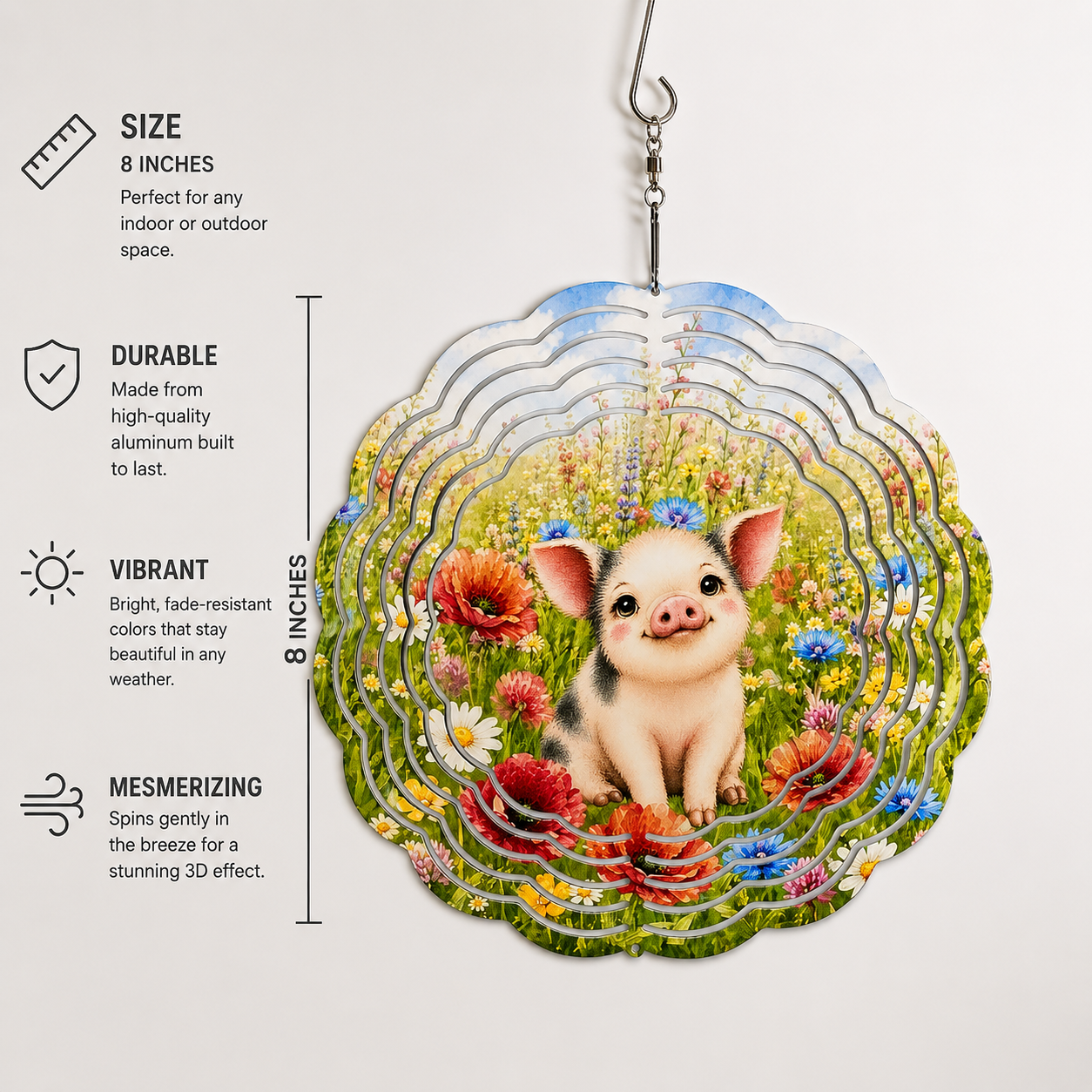 Decorative hanging disc with a pig illustration and floral design, featuring product details on a white background.