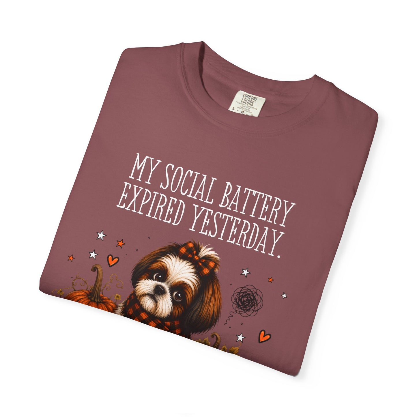 My Social Battery Expired Yesterday' Cute Shih Tzu Pumpkin Fall Tee