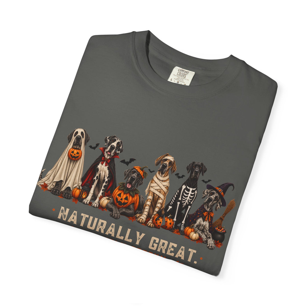 Halloween Great Danes in Costume Funny T-Shirt — "Naturally Great" Pumpkin & Skeleton Dane Graphic Tee
