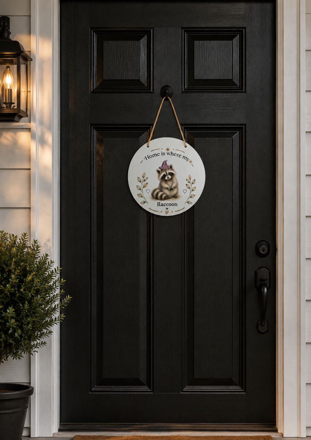 A round white hanging plaque with a RACOON illustration and the text 'Home is where my.