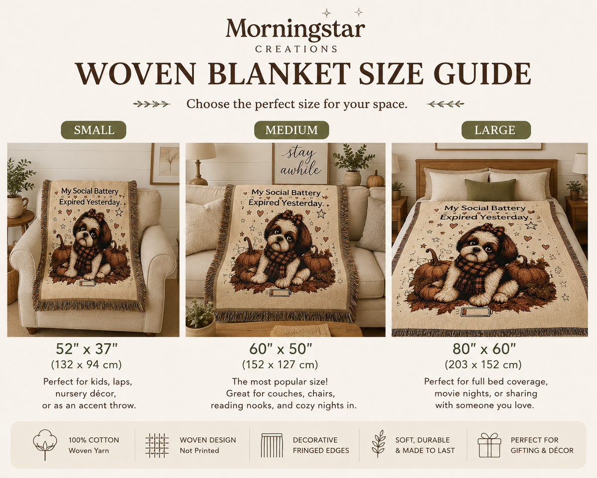 A size guide infographic for Morningstar Creations Woven Blankets, showing three size options: Small (52" x 37"), Medium (60" x 50"), and Large (80" x 60") with corresponding blanket mockups, dimensions, and descriptions.