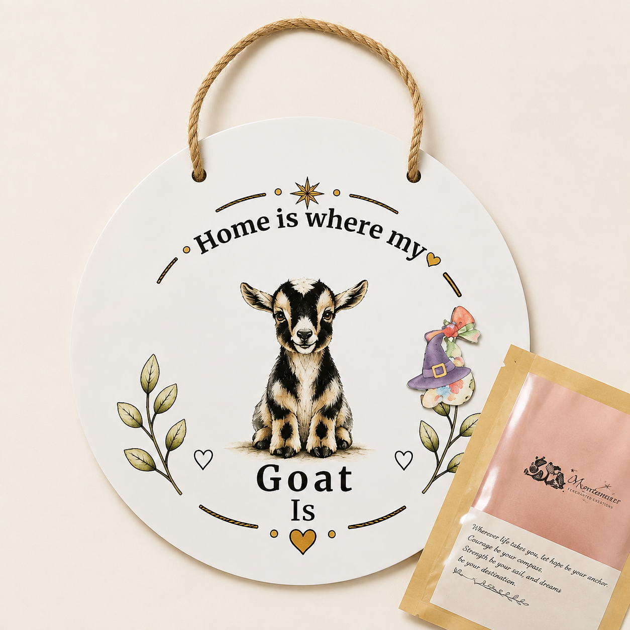 A round white hanging plaque with a natural jute rope handle, featuring a cute goat illustration and the text 'Home is where my Goat Is' with decorative gold and green accents. A small printed card is placed beside it on a warm beige background.