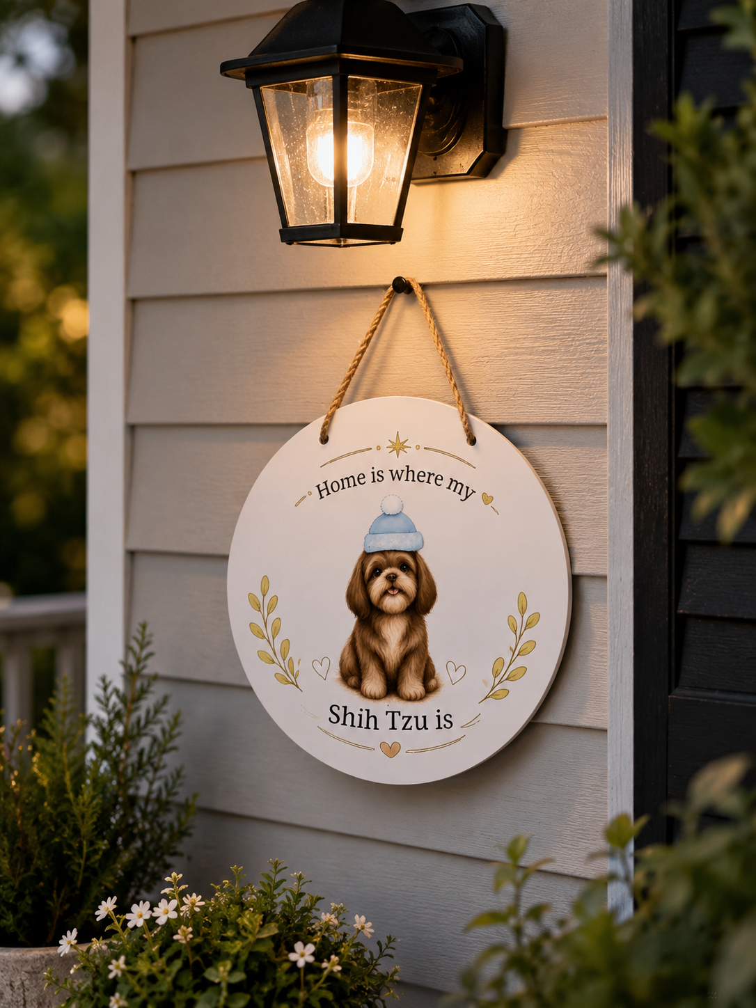 Decorative sign with a Shih Tzu illustration hanging on a house exterior.
