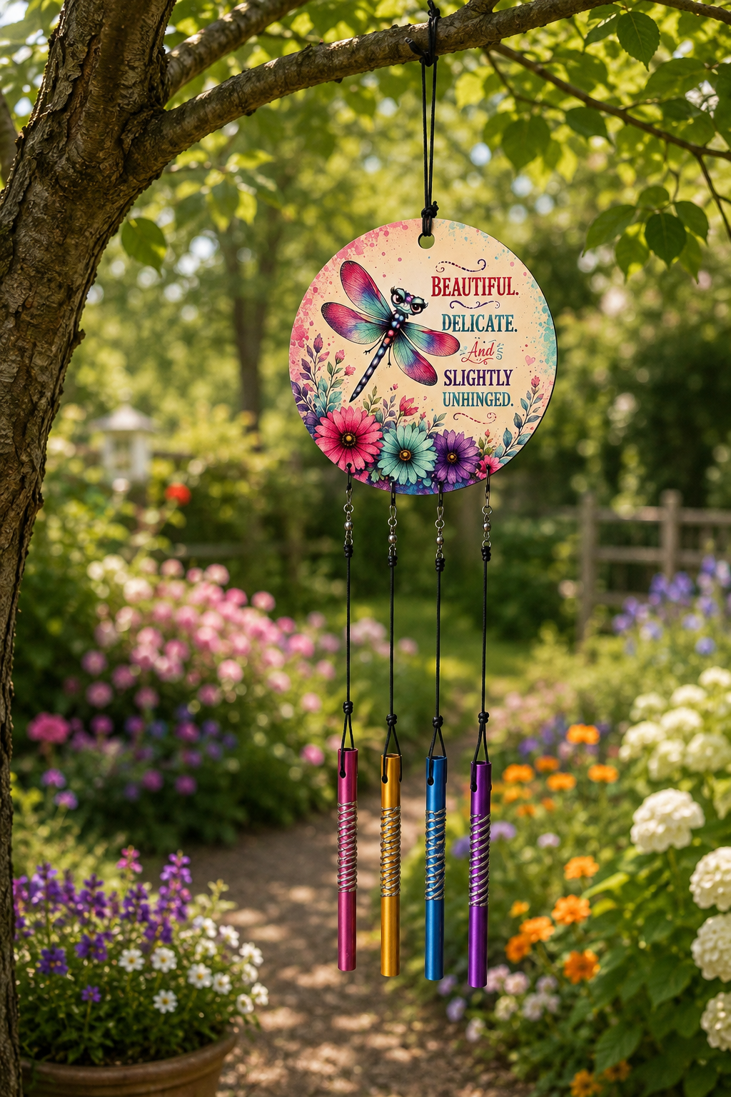 Decorative wind chime with dragonfly design hanging from a tree in a garden.