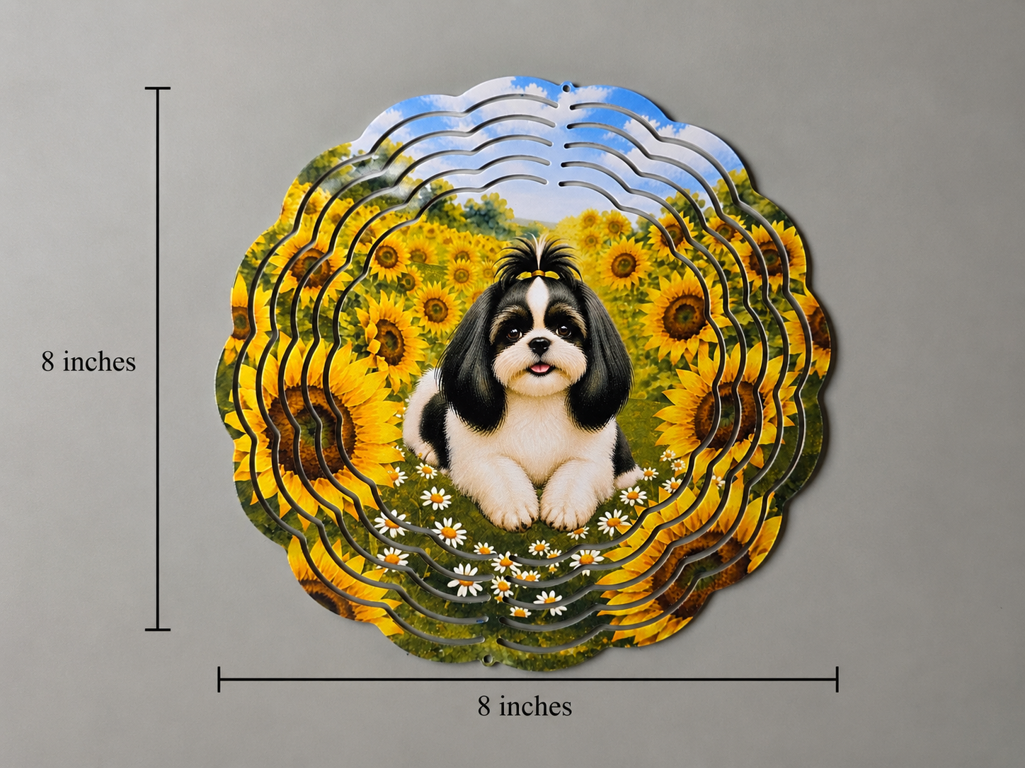 Circular design with a Shih Tzu and sunflowers, showing dimensions on a gray background