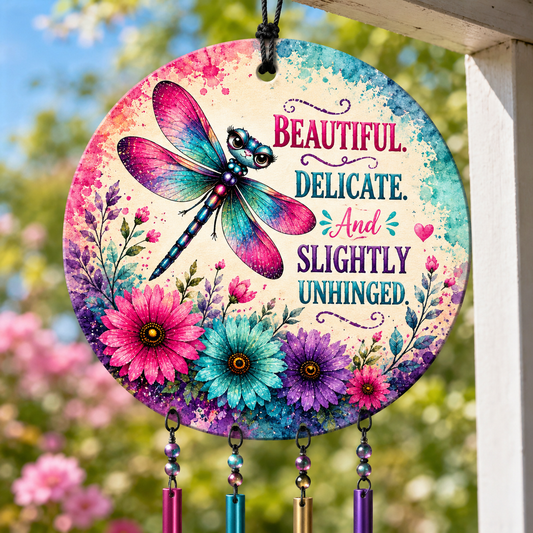 Decorative circular sign with dragonfly and flowers, featuring text 'Beautiful. Delicate. And Slightly Unhinged.'