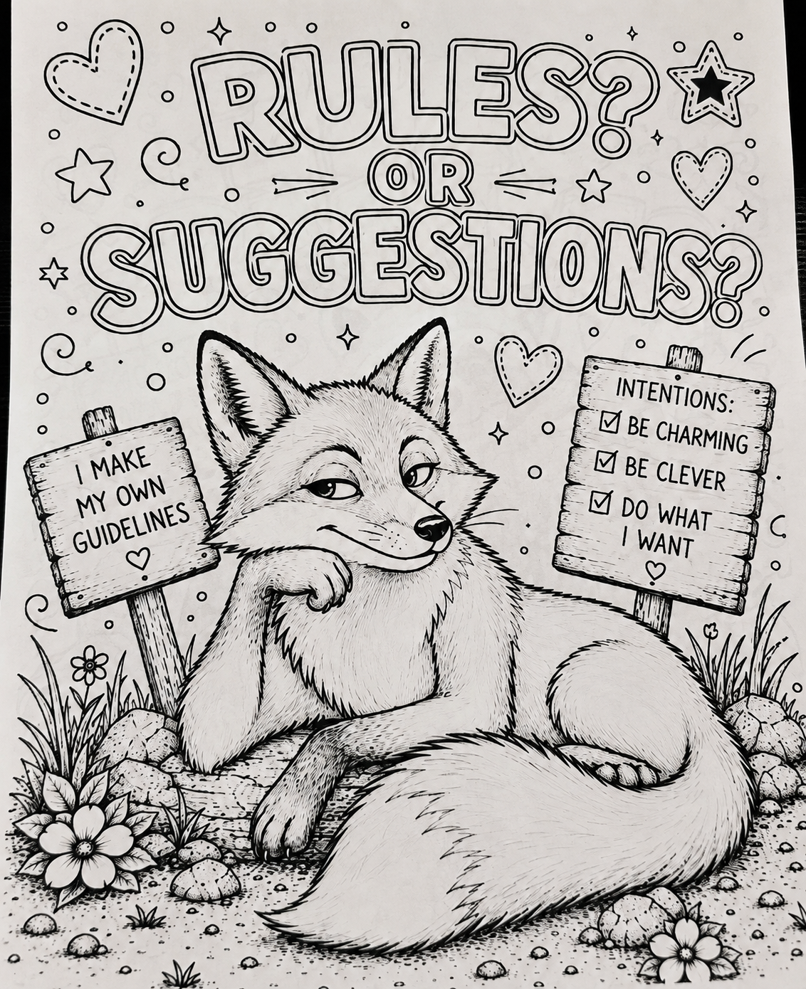 Black and white coloring page featuring a cartoon fox sitting in a grassy field with two wooden signs. The text at the top reads 'RULES? OR SUGGESTIONS?'.