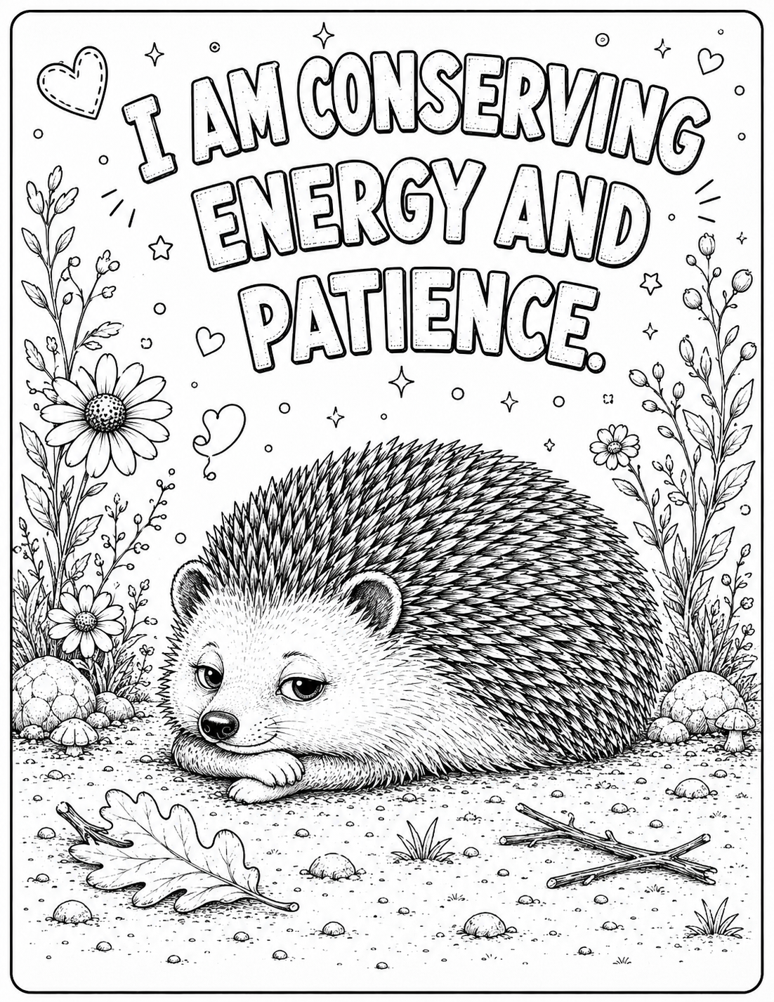 Black and white coloring page featuring a sleeping hedgehog surrounded by flowers, leaves, and branches, with the text 'I AM CONSERVING ENERGY AND PATIENCE.' at the top.