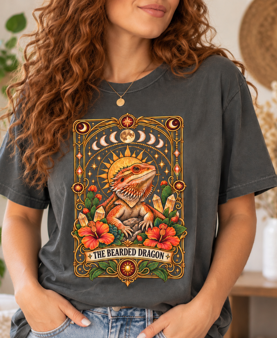Bearded Dragon Tarot Card T-Shirt, Mystical Reptile Graphic Tee