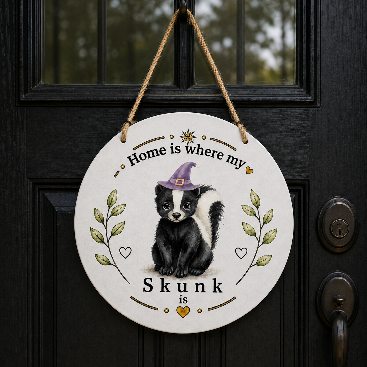 A round metal door hanging sign with a printed illustration of a black and white skunk wearing a purple witch hat. The sign reads 'Home is where my Skunk is' and is hung by a rope on a black front door.
