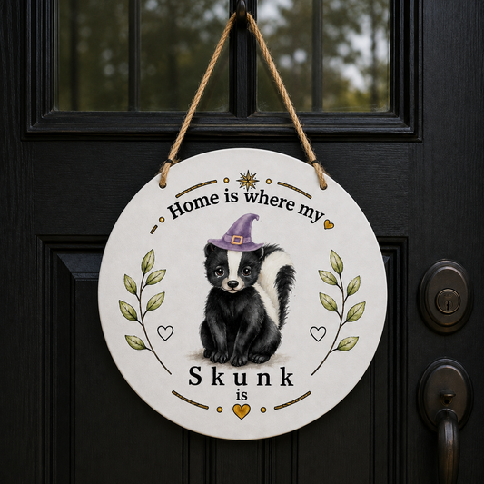 A round metal door hanging sign with a printed illustration of a black and white skunk wearing a purple witch hat. The sign reads 'Home is where my Skunk is' and is hung by a rope on a black front door.
