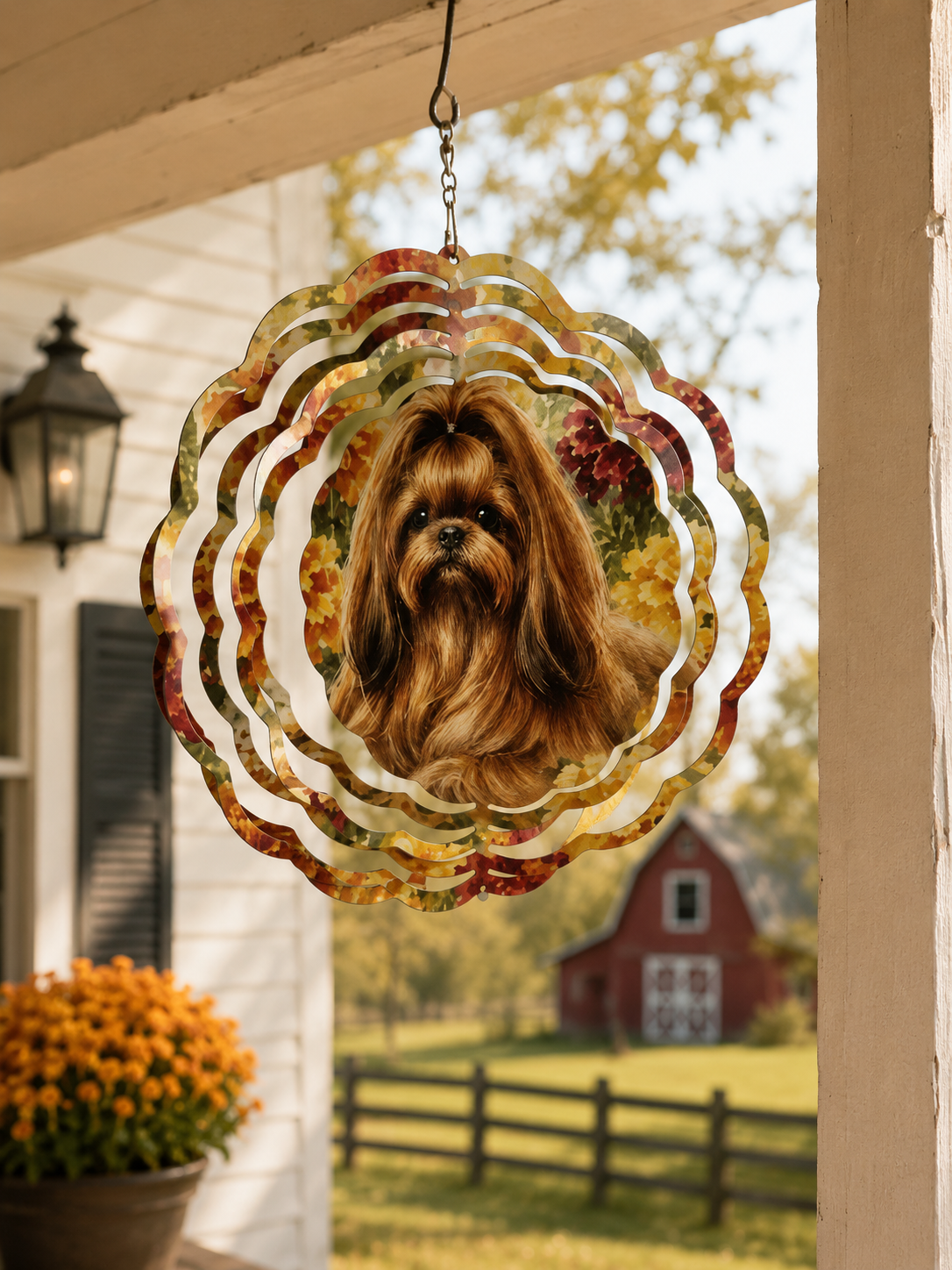 Shih Tzu & Marigolds Wind Spinner – 8" Handmade Metal Garden Decor