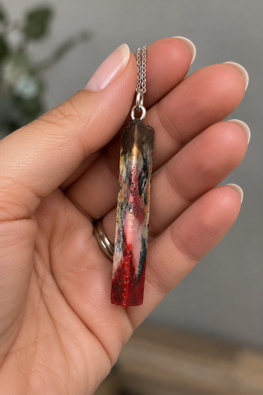 Scarlet Bloom Upcycled Filament Pendant Necklace | Handmade POOPSIES Jewelry