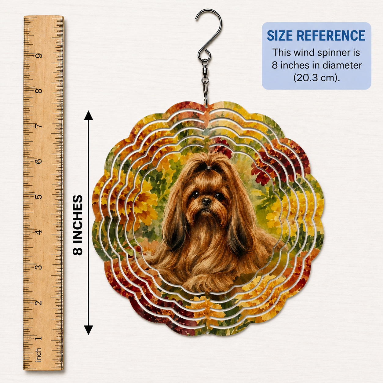 Shih Tzu & Marigolds Wind Spinner – 8" Handmade Metal Garden Decor