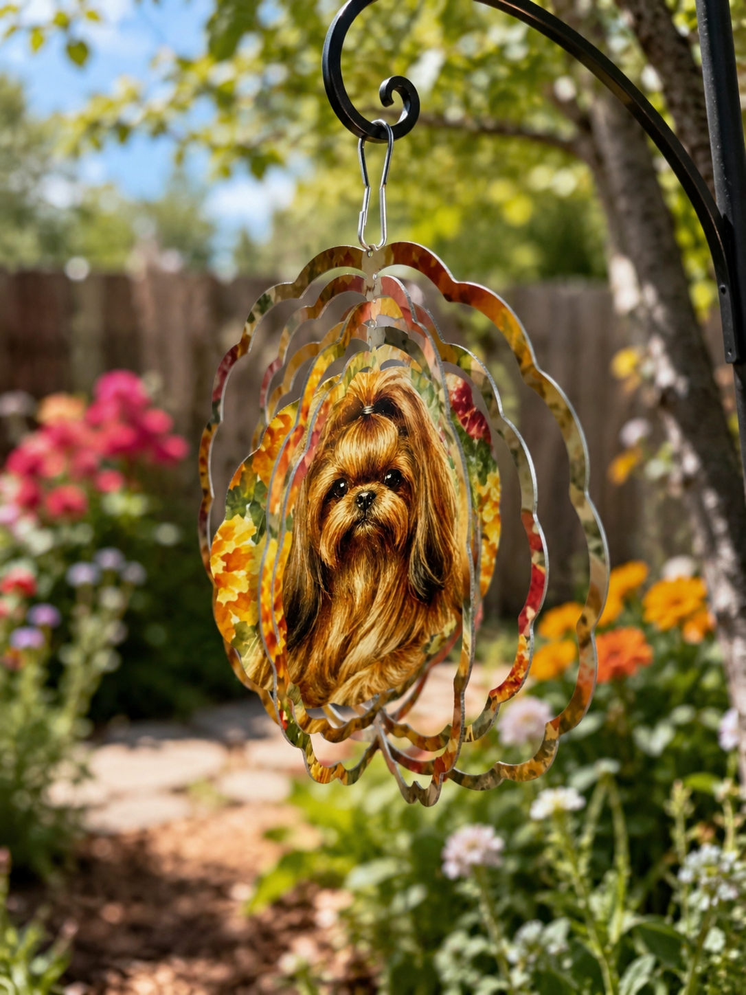 Shih Tzu & Marigolds Wind Spinner – 8" Handmade Metal Garden Decor