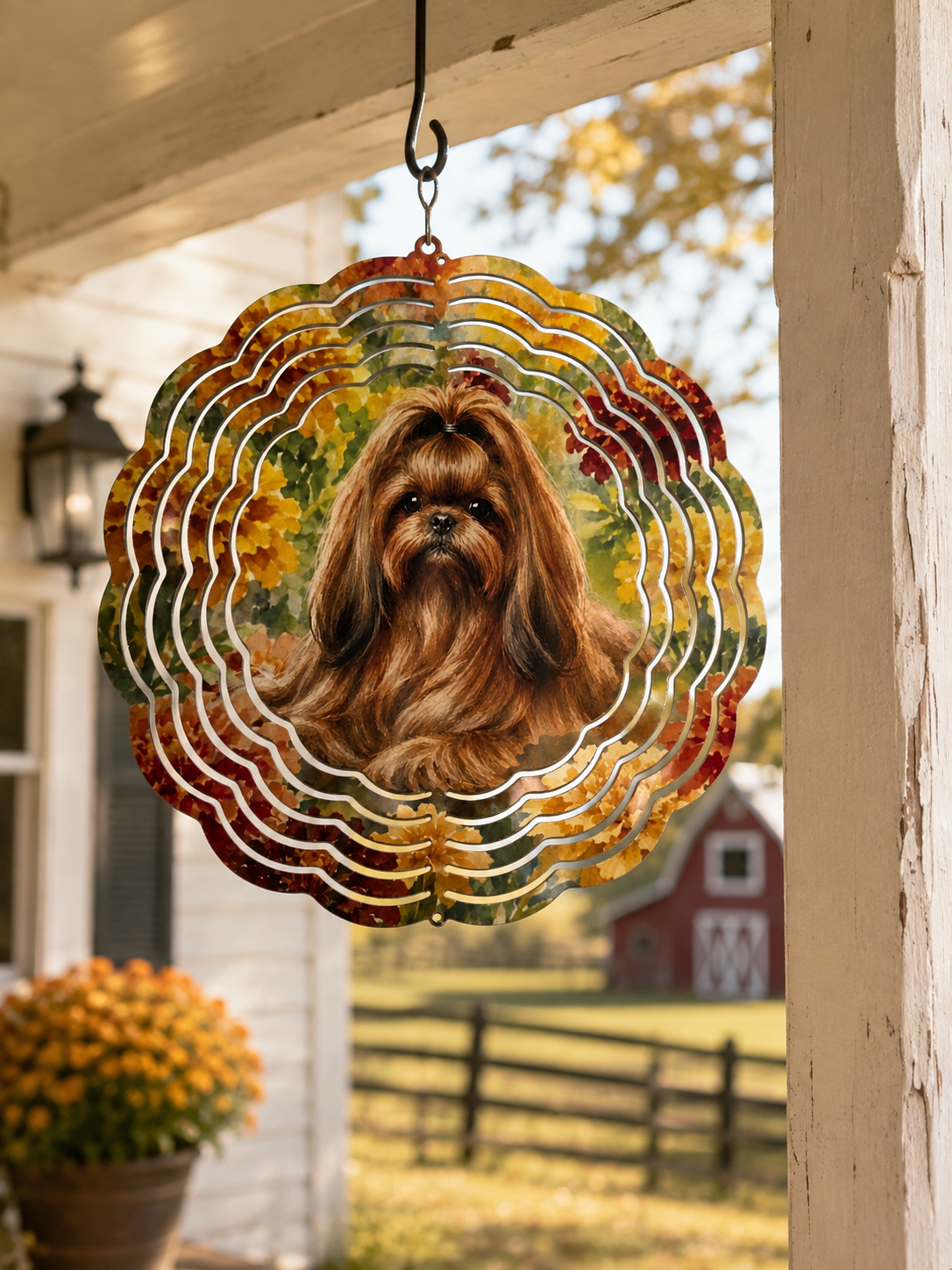 Shih Tzu & Marigolds Wind Spinner – 8" Handmade Metal Garden Decor