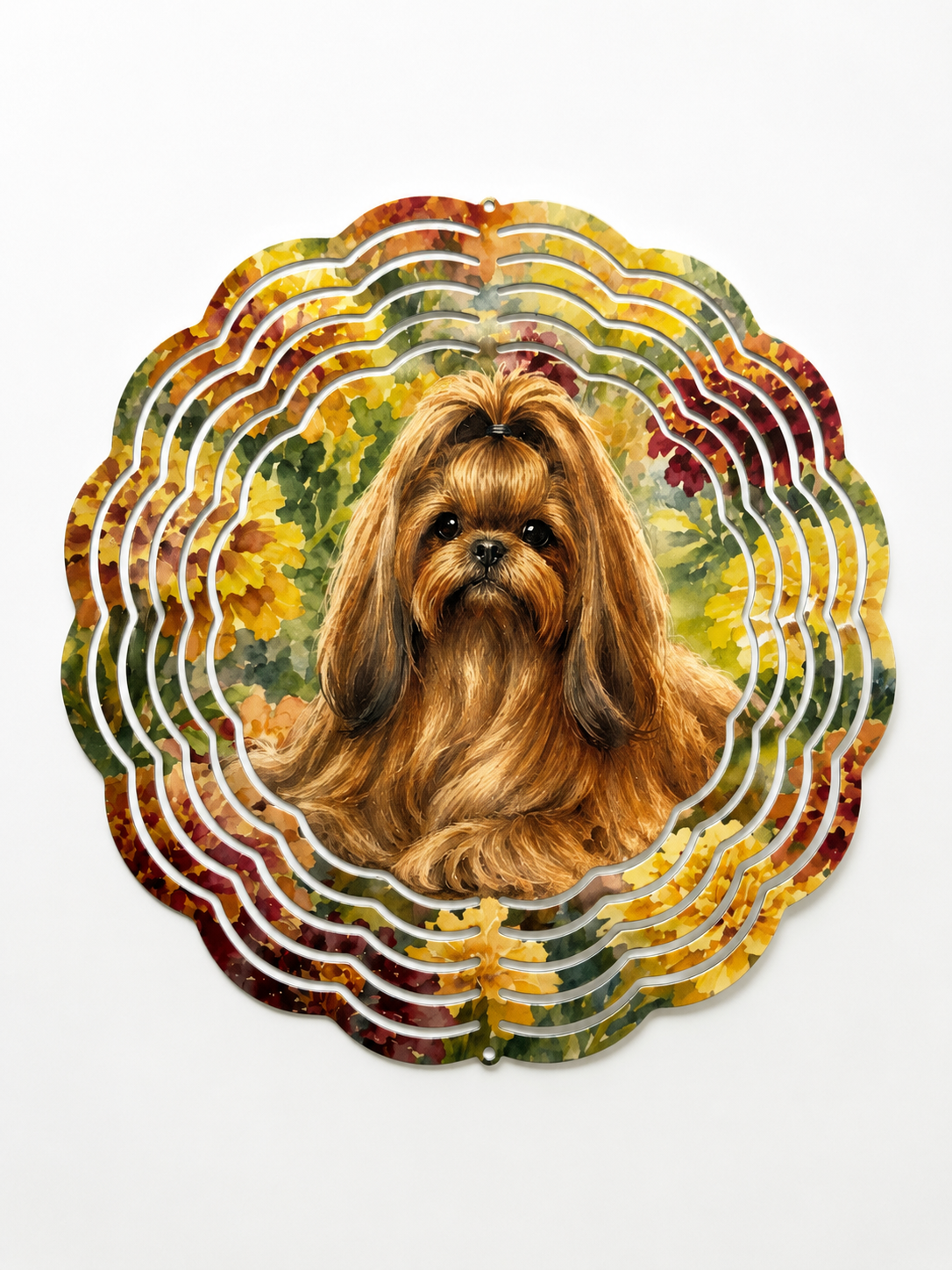 Shih Tzu & Marigolds Wind Spinner – 8" Handmade Metal Garden Decor