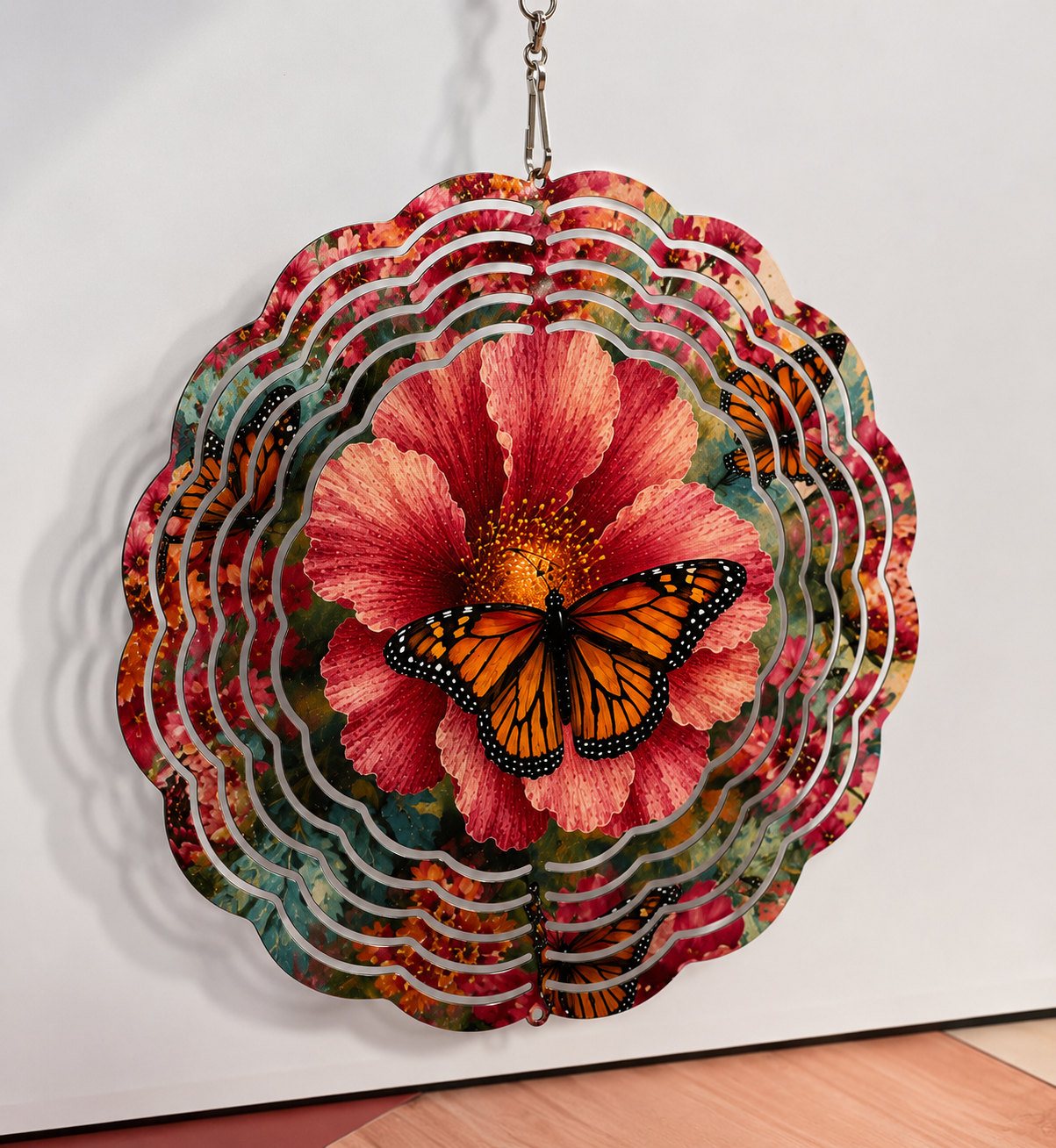 Monarch Butterfly & Hibiscus Wind Spinner – 8" Double-Sided Garden Décor