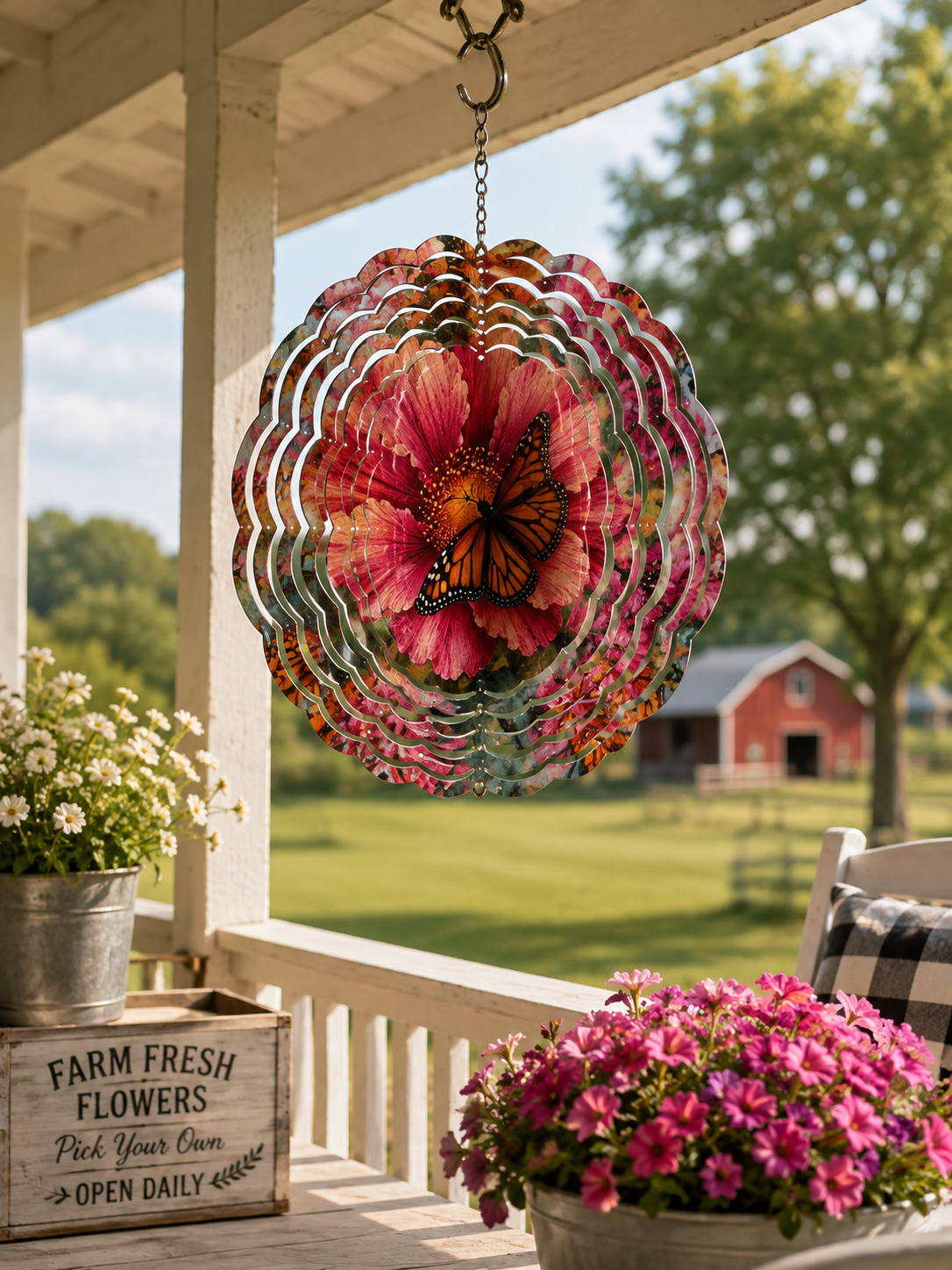 Monarch Butterfly & Hibiscus Wind Spinner – 8" Double-Sided Garden Décor