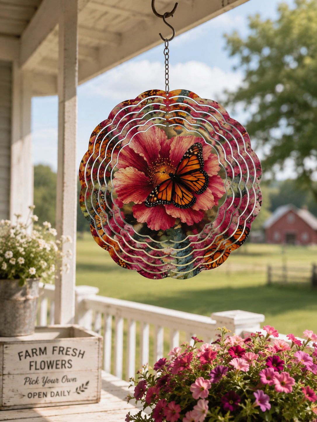 Monarch Butterfly & Hibiscus Wind Spinner – 8" Double-Sided Garden Décor