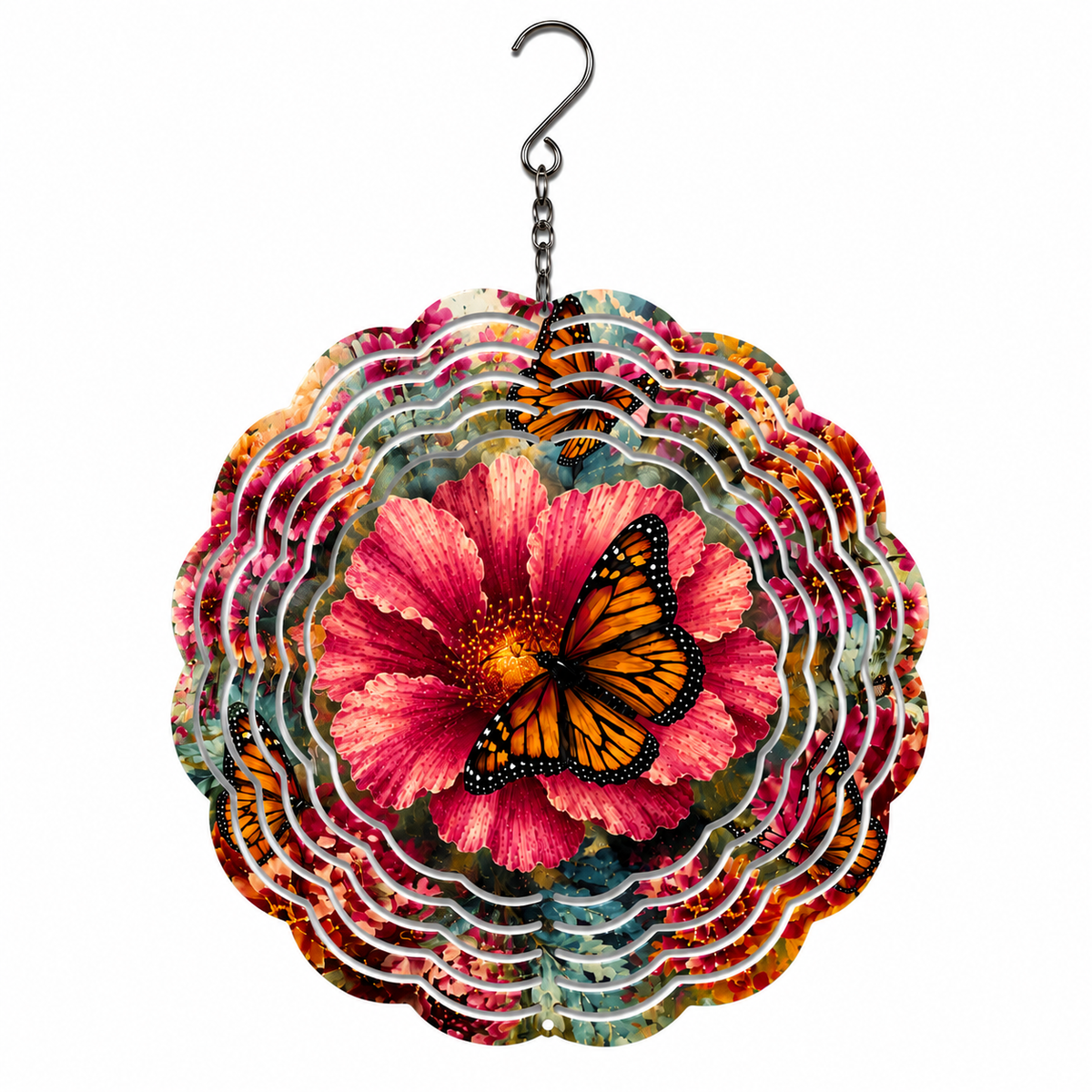Monarch Butterfly & Hibiscus Wind Spinner – 8" Double-Sided Garden Décor