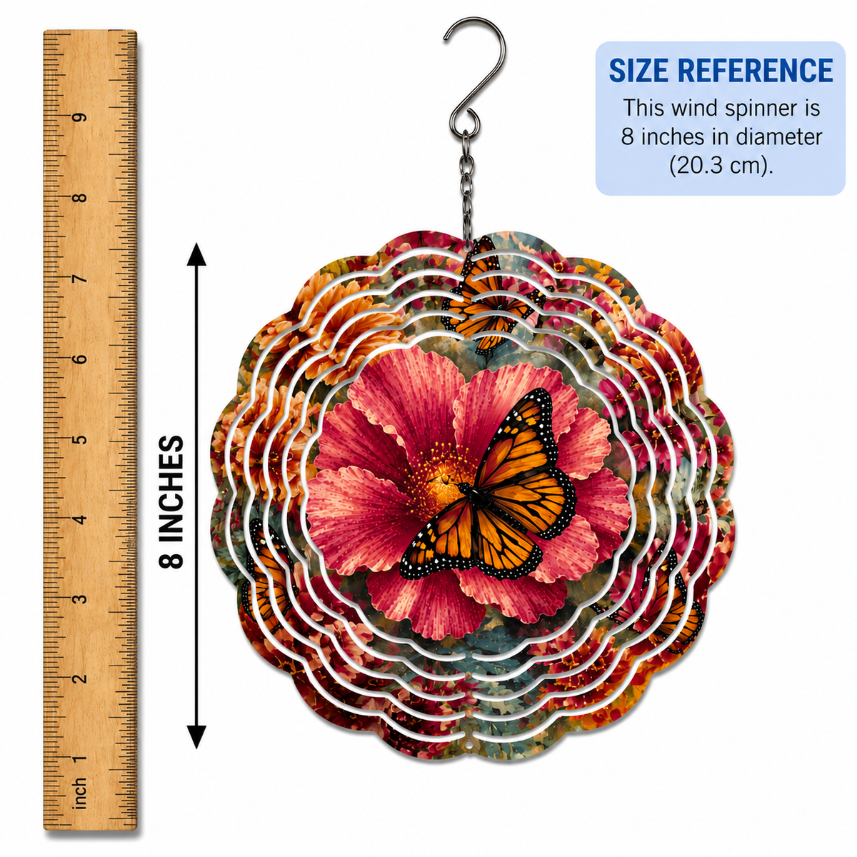 Monarch Butterfly & Hibiscus Wind Spinner – 8" Double-Sided Garden Décor