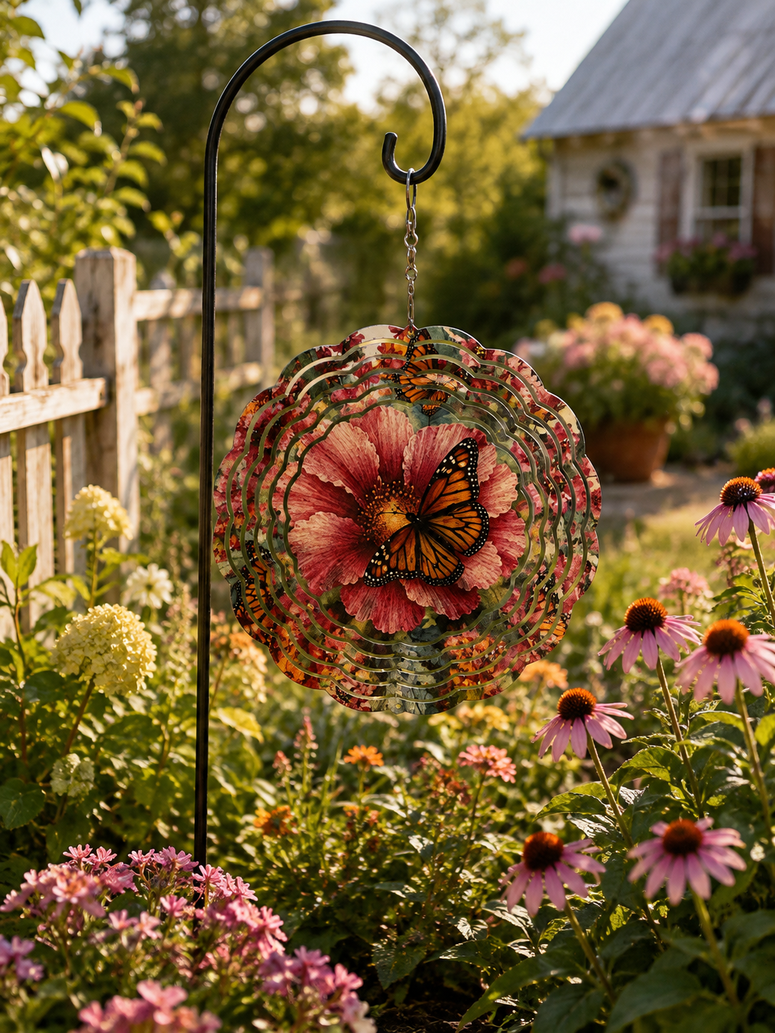 Monarch Butterfly & Hibiscus Wind Spinner – 8" Double-Sided Garden Décor