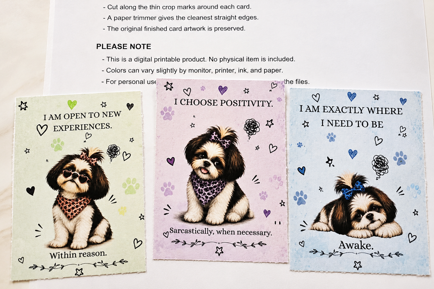 Funny Shih Tzu Affirmation Cards | 30 Sarcastic Printable Cards – PDF Download