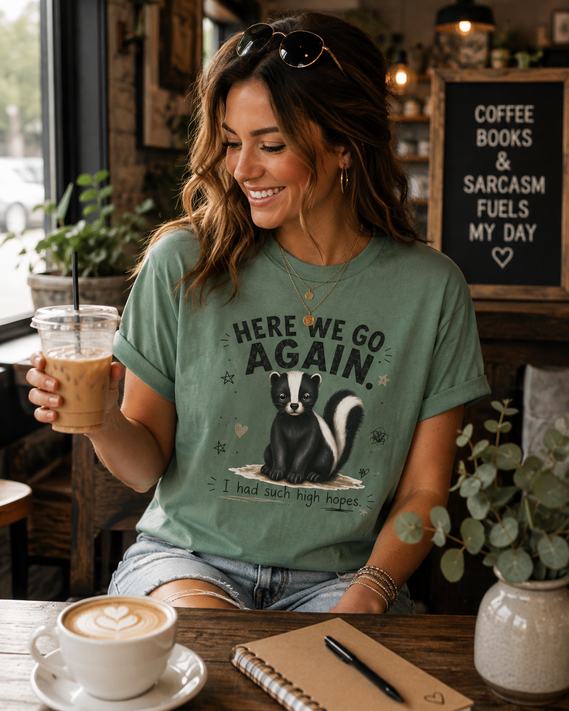 Here We Go Again Skunk Shirt | Funny AttiTudies Graphic T-Shirt | Cute Animal Tee