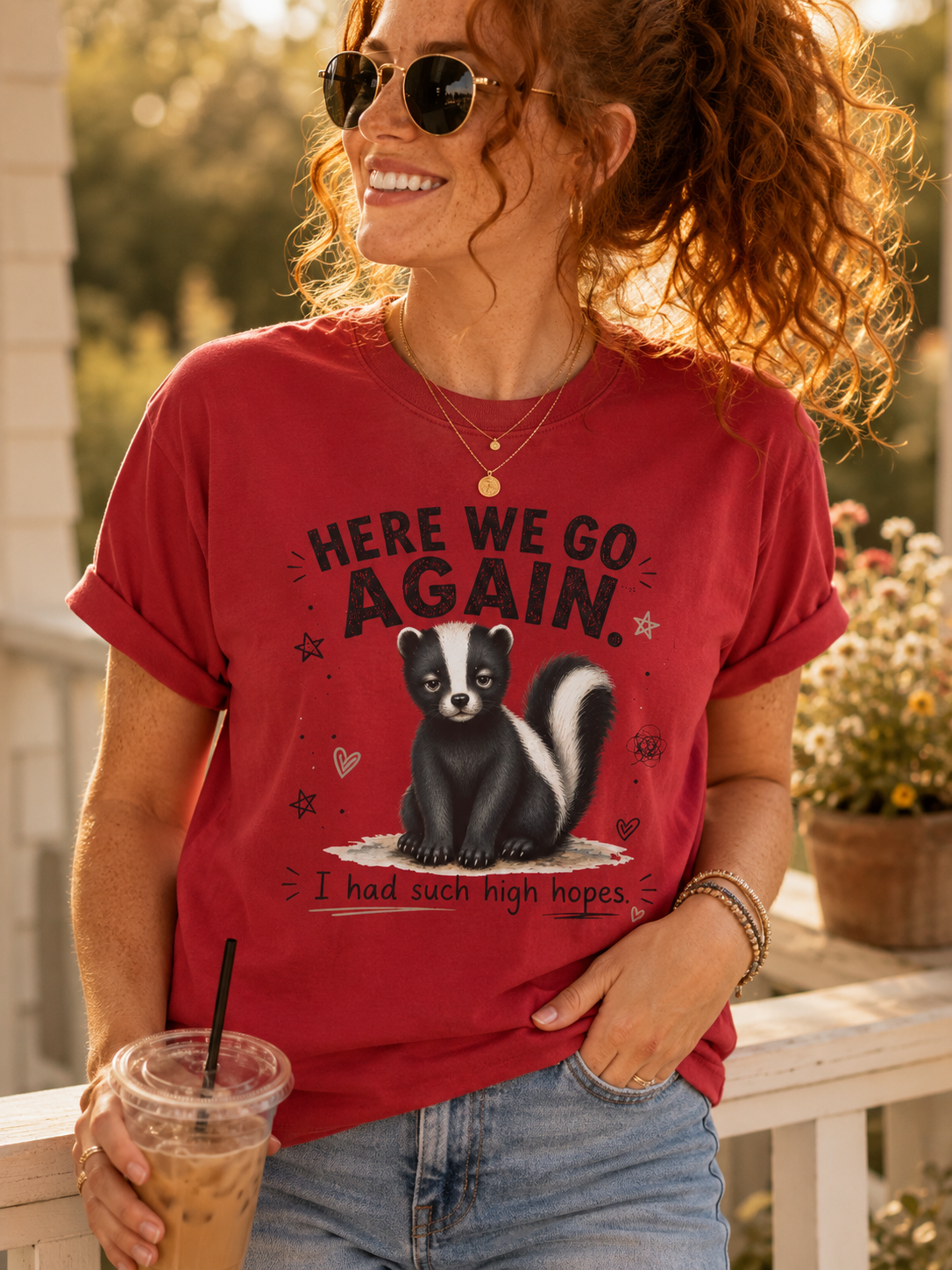 Here We Go Again Skunk Shirt | Funny AttiTudies Graphic T-Shirt | Cute Animal Tee