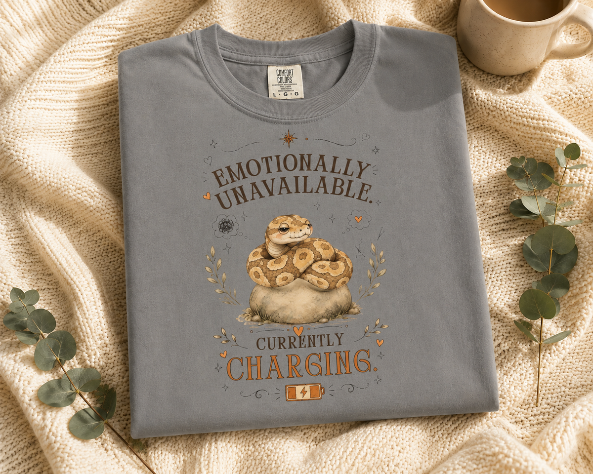 Emotionally Unavailable. Currently Charging.™ T-Shirt – Funny Snake Introvert Tee | AttiTudies™