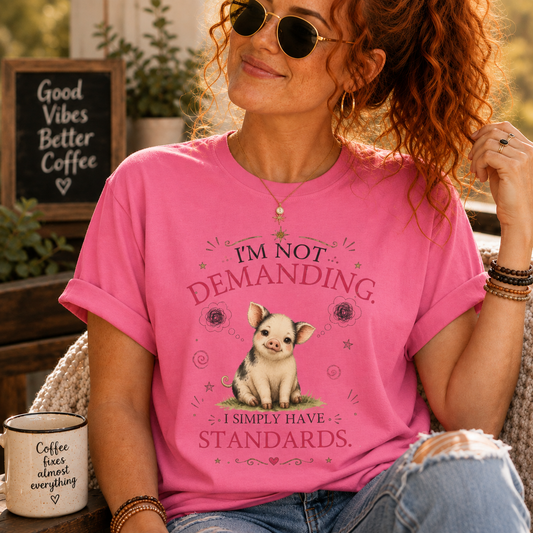I'm Not Demanding. I Simply Have Standards.™ T-Shirt – Funny Pig Tee | AttiTudies™
