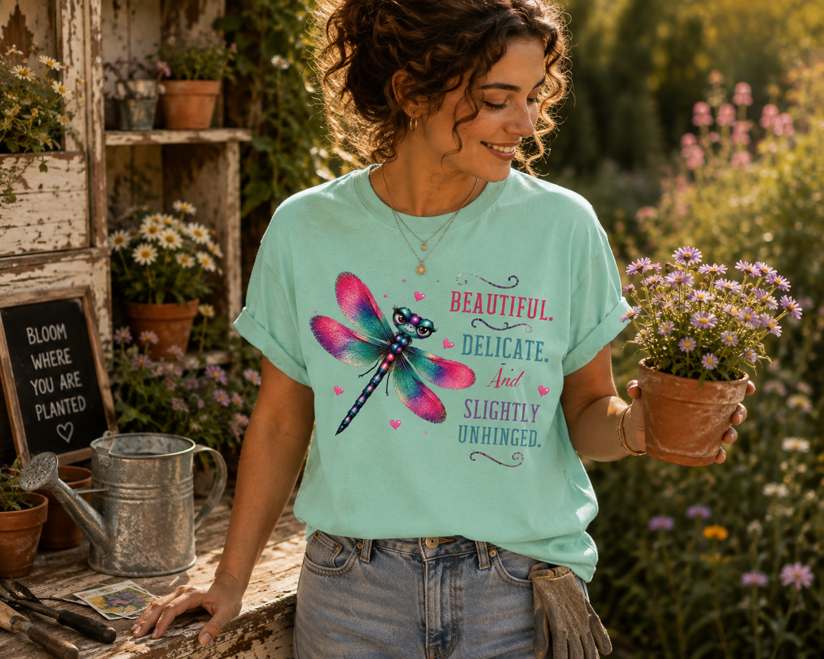 Beautiful. Delicate. And Slightly Unhinged.™ T-Shirt – Funny Dragonfly Watercolor Tee | AttiTudies™