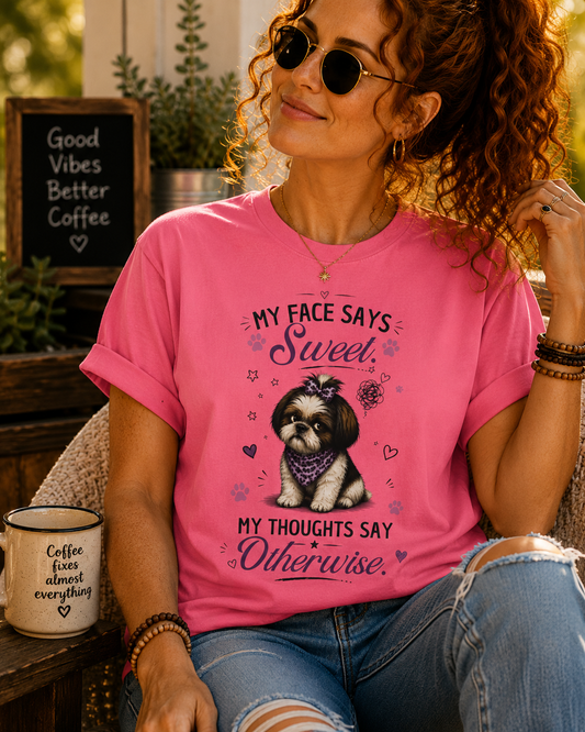 My Face Says Sweet. My Thoughts Say Otherwise.™ T-Shirt – Funny Shih Tzu Dog Tee | AttiTudies™