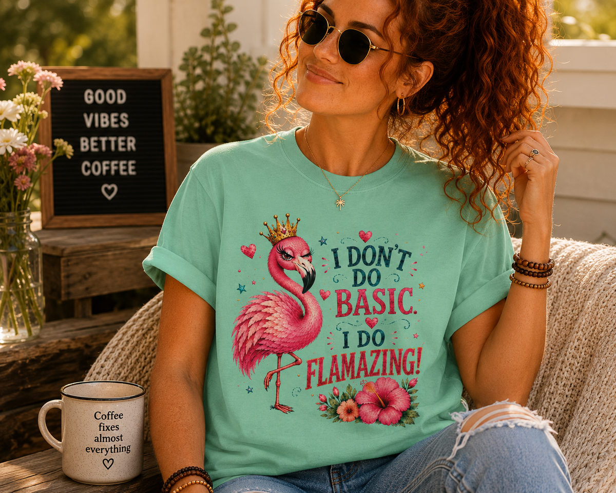 I Don't Do Basic. I Do Flamazing!™ T-Shirt – Funny Flamingo Graphic Tee | AttiTudies™