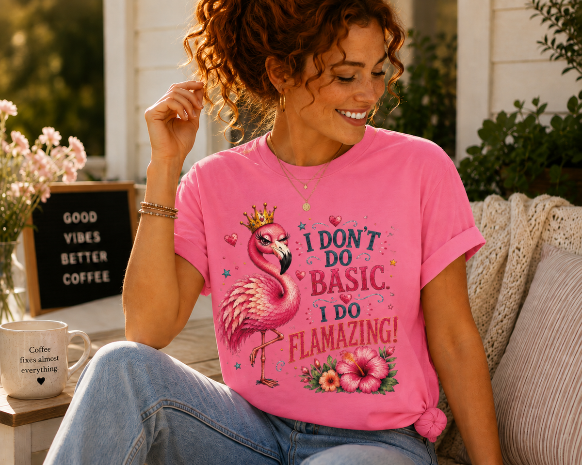 I Don't Do Basic. I Do Flamazing!™ T-Shirt – Funny Flamingo Graphic Tee | AttiTudies™