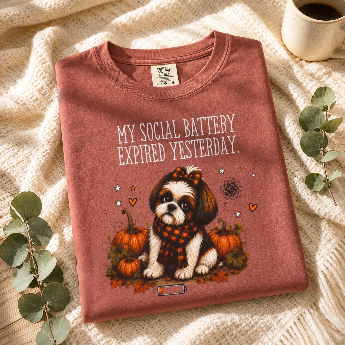 My Social Battery Expired Yesterday' Cute Shih Tzu Pumpkin Fall Tee
