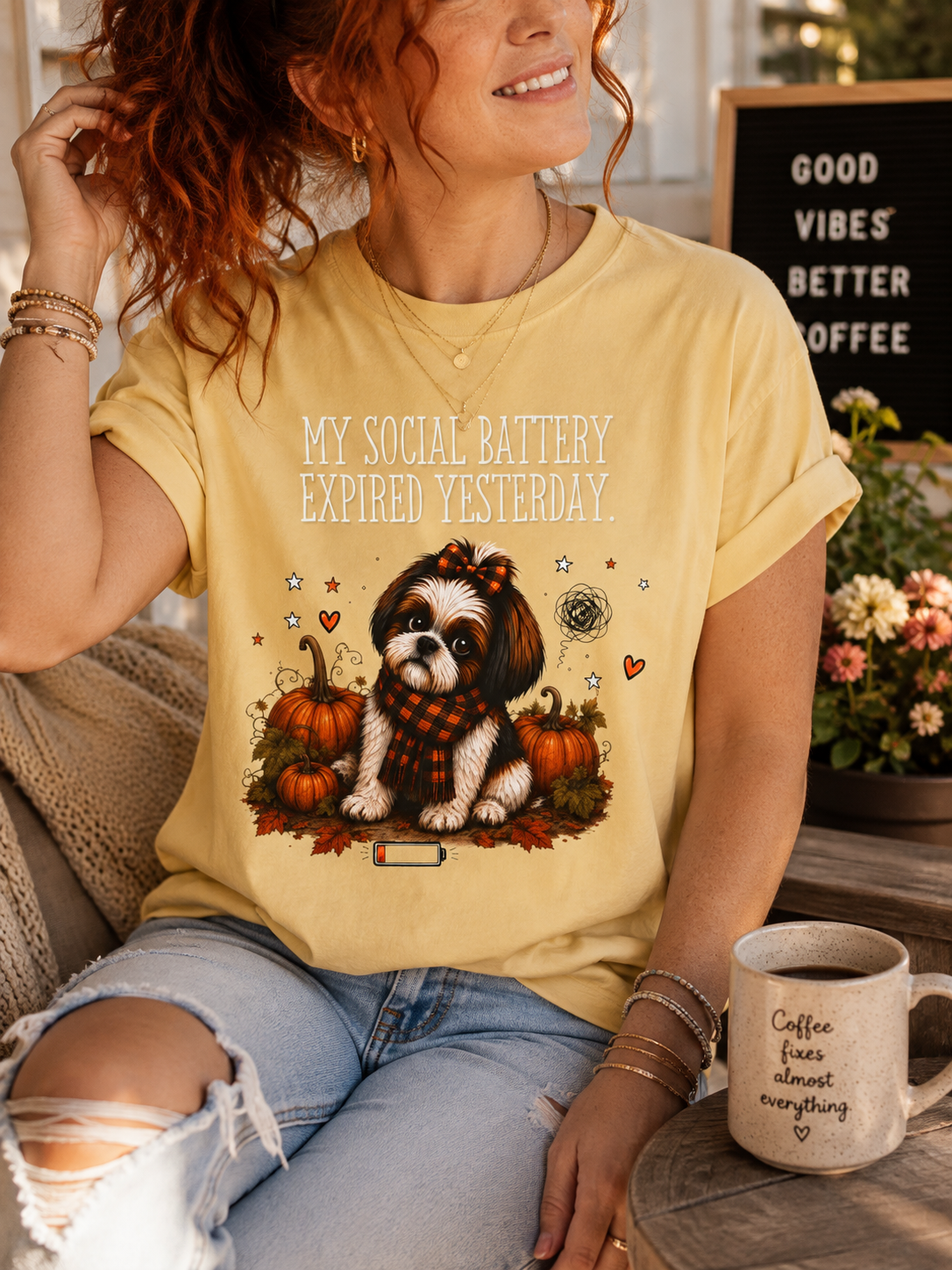 My Social Battery Expired Yesterday' Cute Shih Tzu Pumpkin Fall Tee