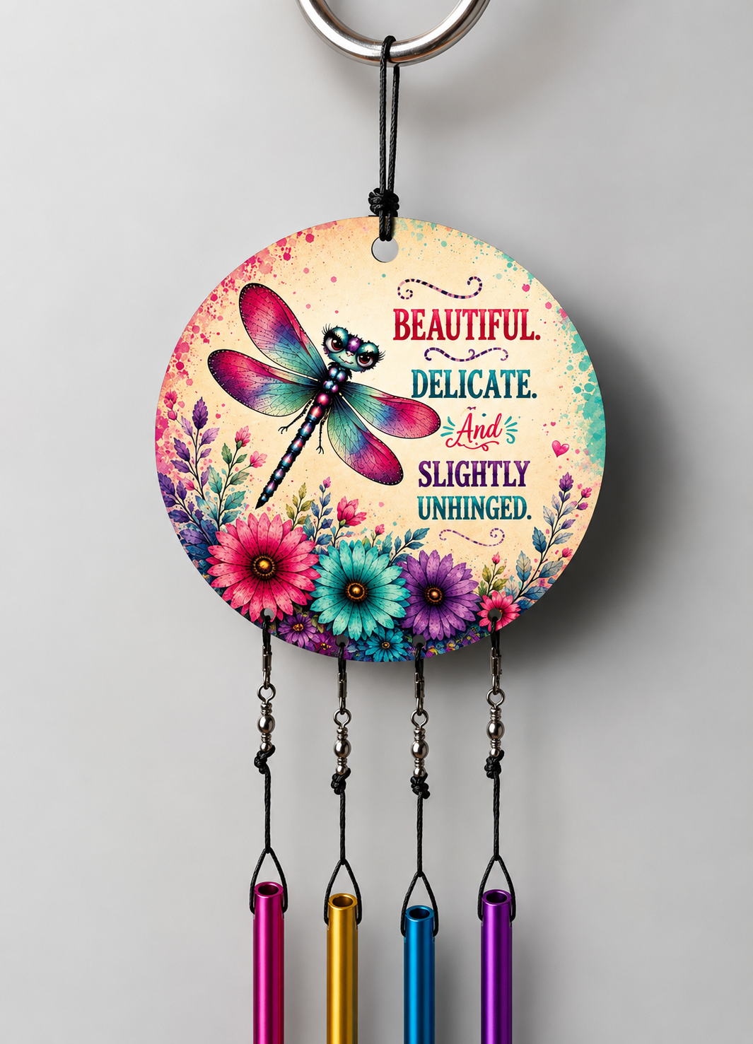 Decorative wind chime with colorful dragonfly and floral design on a white background