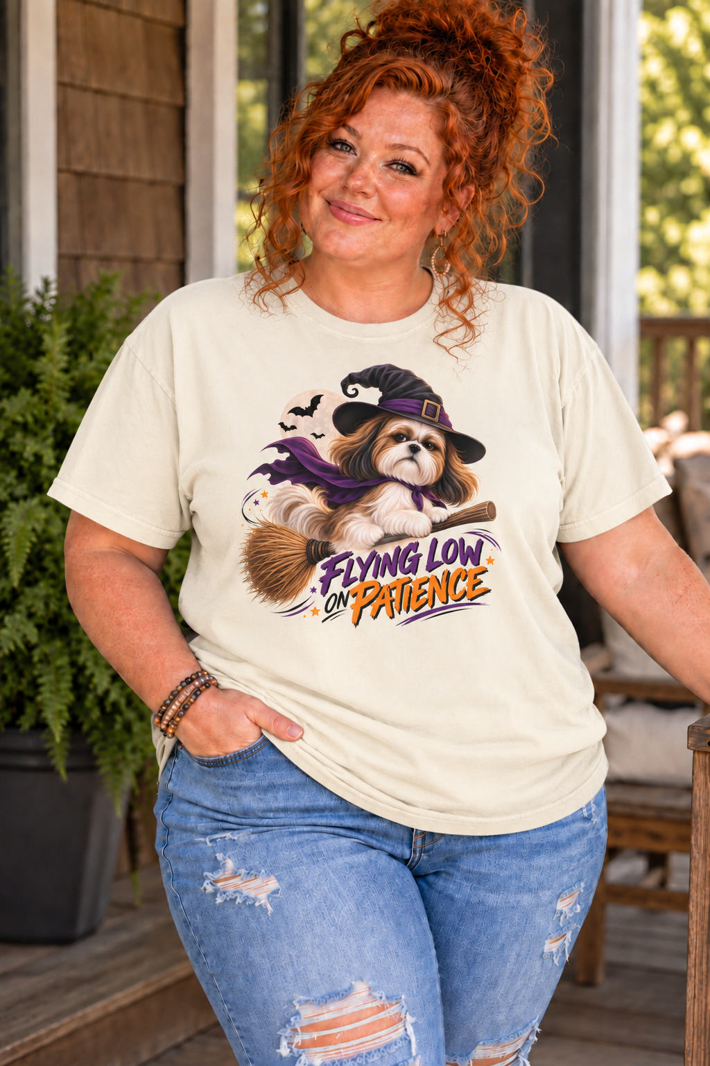 Flying Low on Patience Shih Tzu Halloween T-Shirt