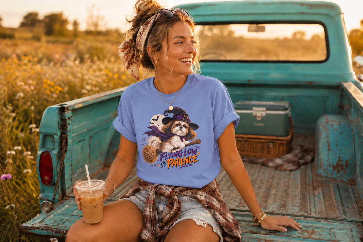 Flying Low on Patience Shih Tzu Halloween T-Shirt