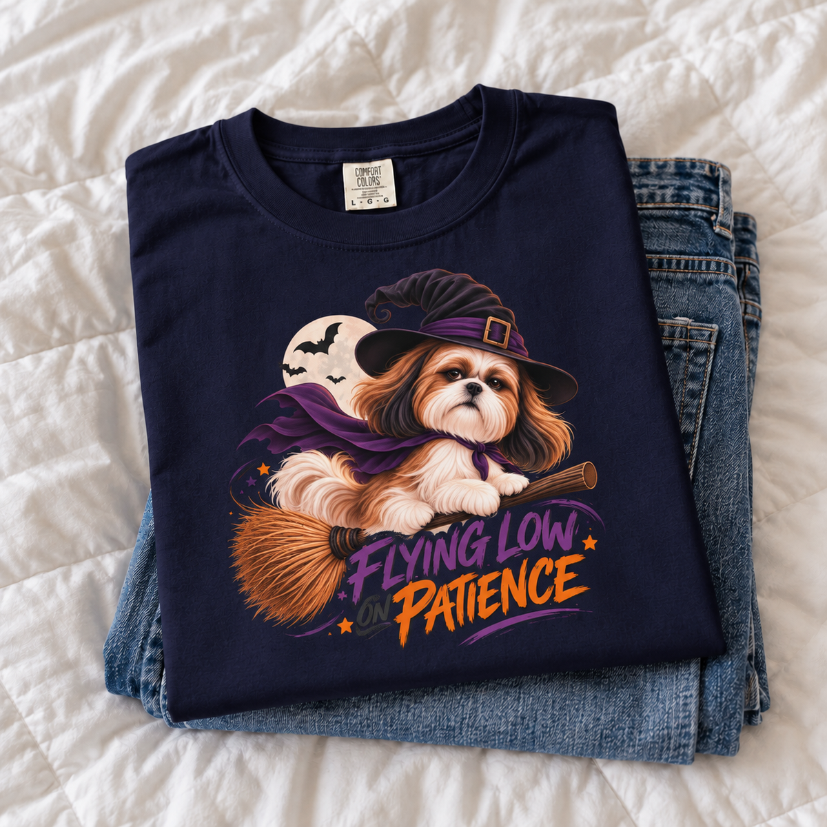 Flying Low on Patience Shih Tzu Halloween T-Shirt