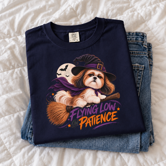 Flying Low on Patience Shih Tzu Halloween T-Shirt
