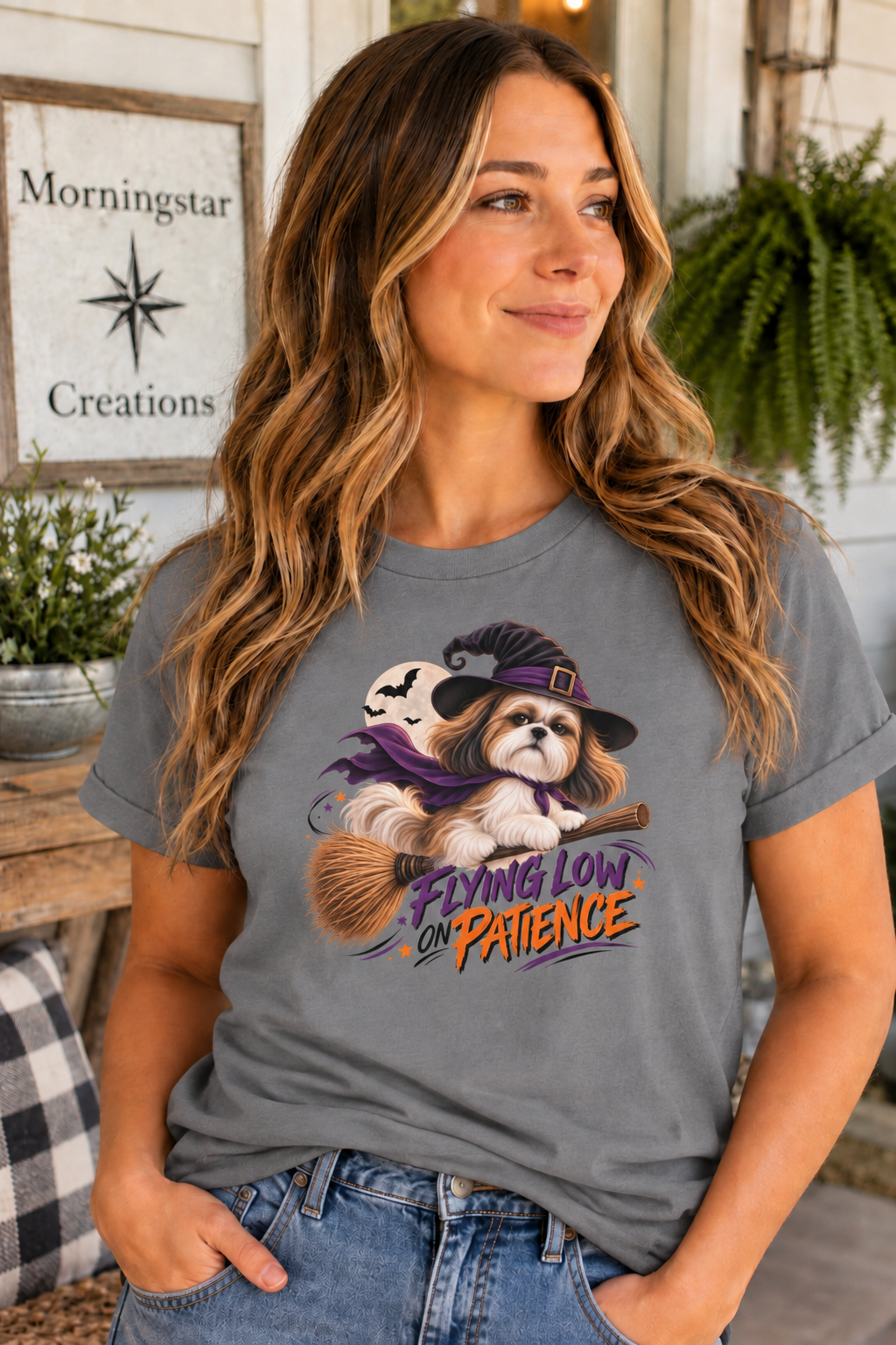 Flying Low on Patience Shih Tzu Halloween T-Shirt