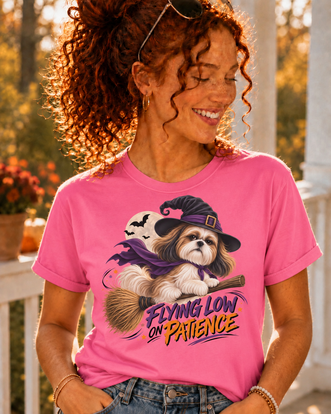 Flying Low on Patience Shih Tzu Halloween T-Shirt