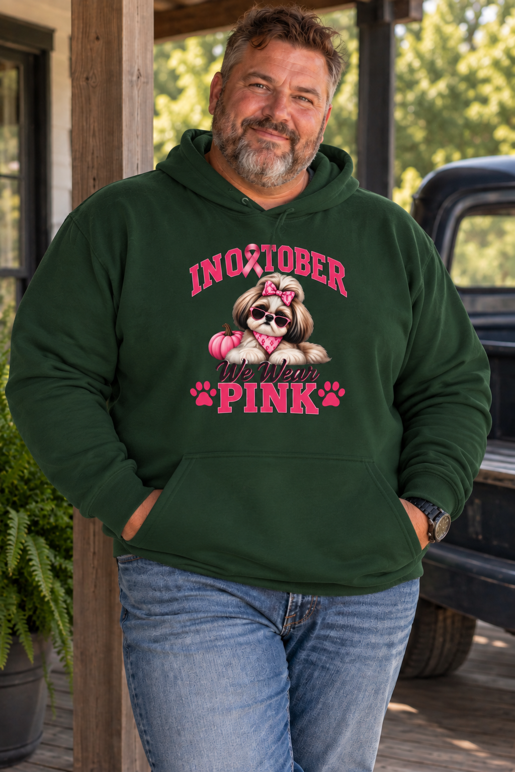 Personalized Shih Tzu Breast Cancer Awareness Hoodie – “I Wear Pink For” Custom Sleeve