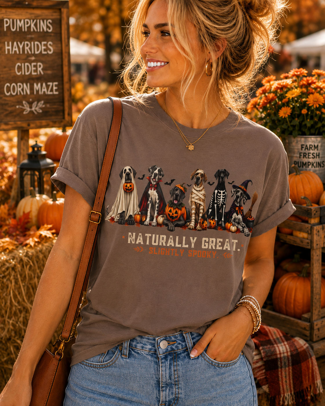 Halloween Great Danes in Costume Funny T-Shirt — "Naturally Great" Pumpkin & Skeleton Dane Graphic Tee