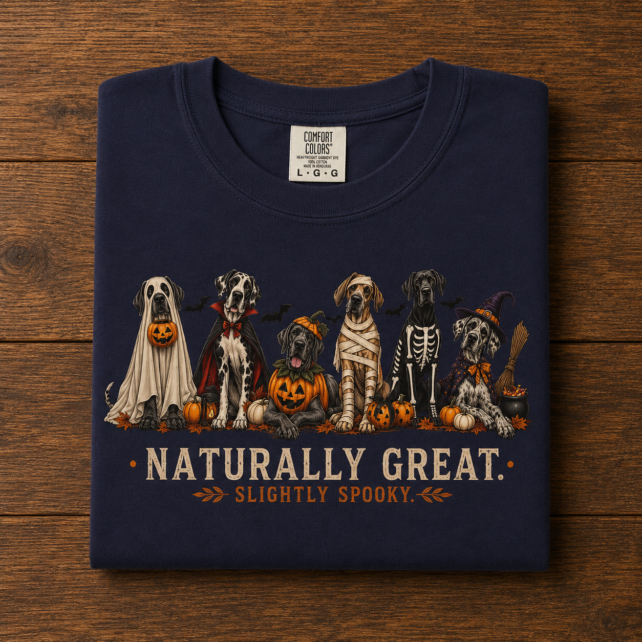 Halloween Great Danes in Costume Funny T-Shirt — "Naturally Great" Pumpkin & Skeleton Dane Graphic Tee